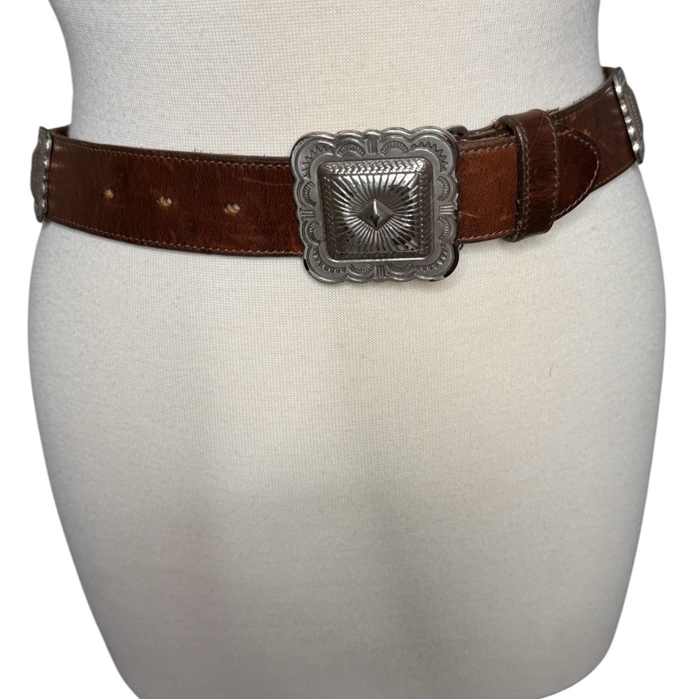 Vintage Leather Cowboy Concho Style 1992 Brown Belt - Picture 2 of 10